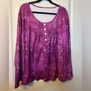 Women's 3XL Purple Floral Button-Front Long Sleeve Scoop Neckline Top